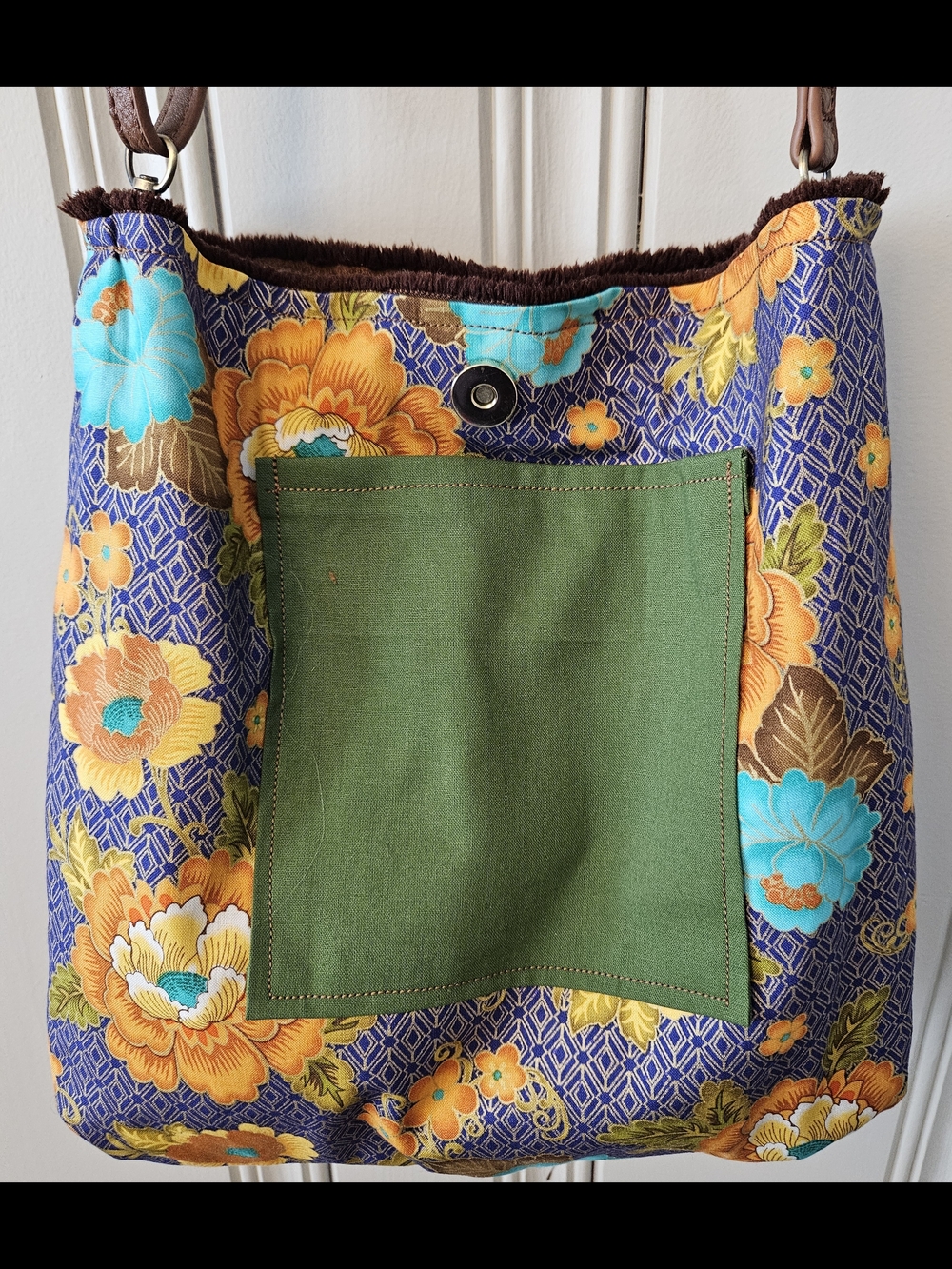 Fringed Faux Suede Boho Shoulder Bag with Multicolor Stripe Panel Handmade - Picture 5 of 12